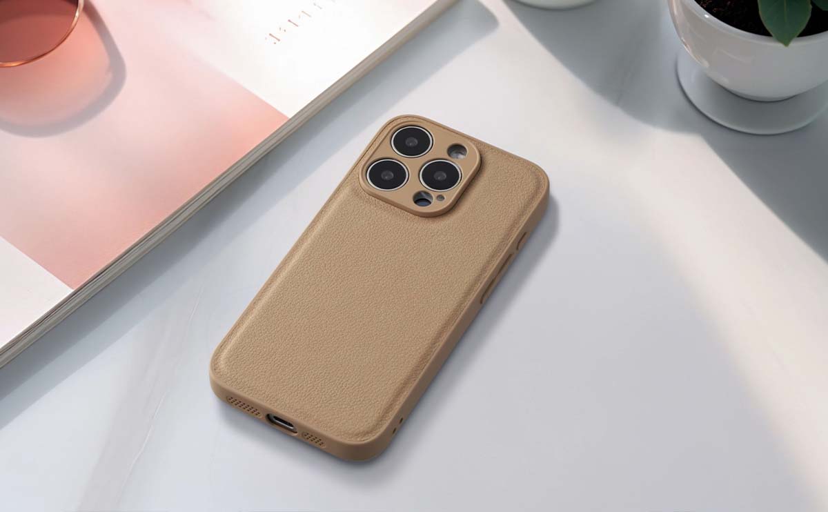 Best selling phone case in tan leather texture with minimalist design