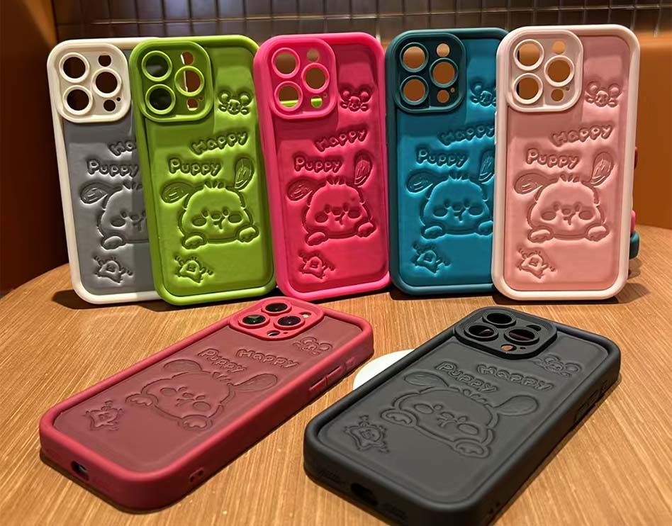 Recommended phone cases with embossed "Happy Puppy" design in vibrant colors.